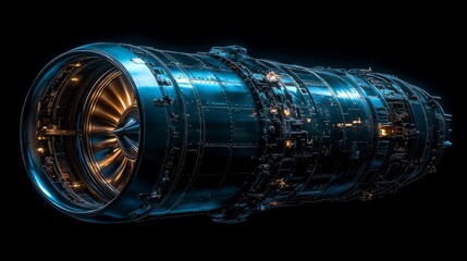 A sleek jet engine showcases a stunning mix of metal and glowing parts, highlighting modern design