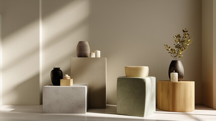  A 3D render of a neutral product podium perfect for cosmetic, branding, or product mockups.