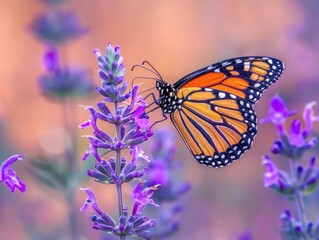 Monarch butterfly perched on a vibrant purple flower, delicate details, contrasting colors