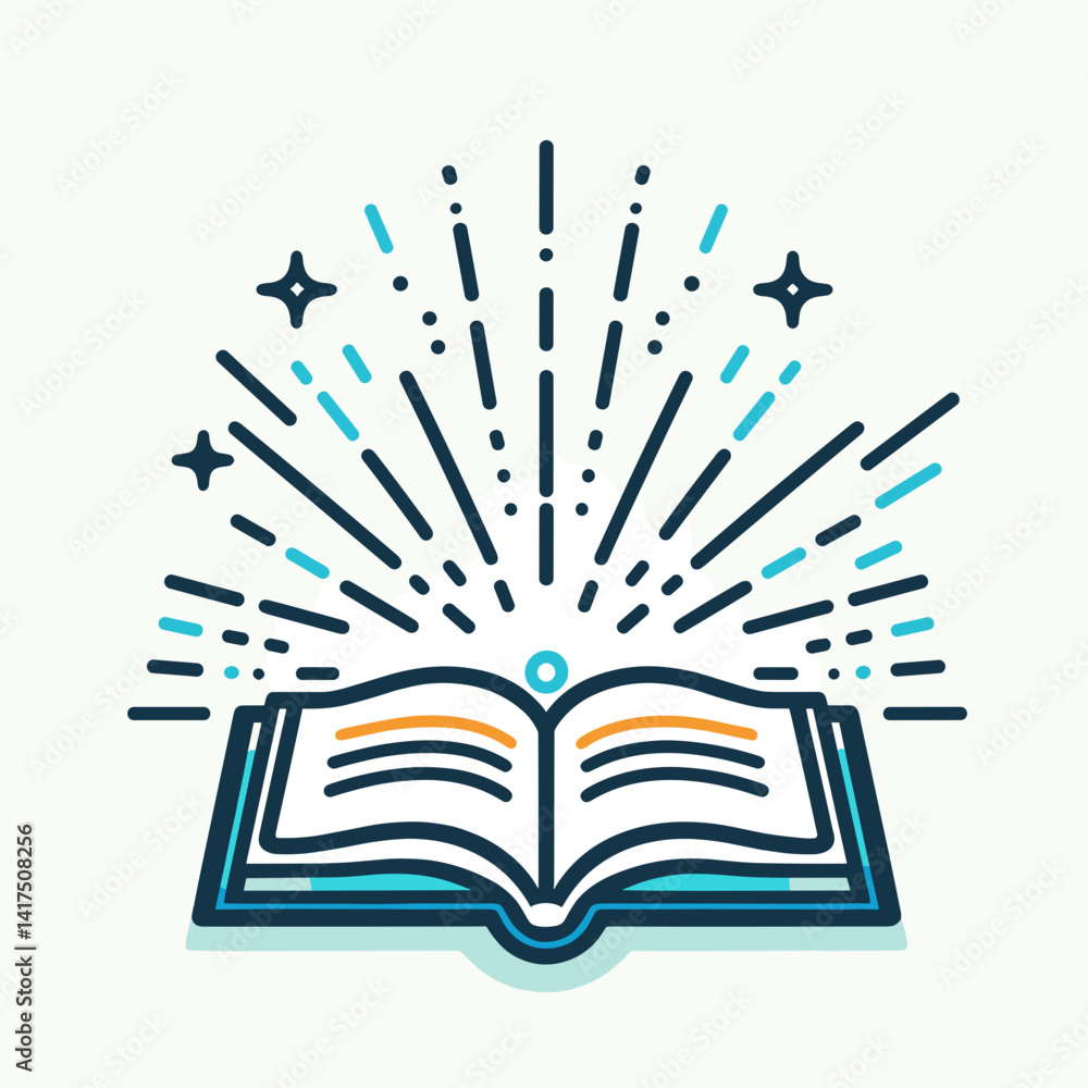 Poster Minimal open book icon with glowing rays and stars on white background