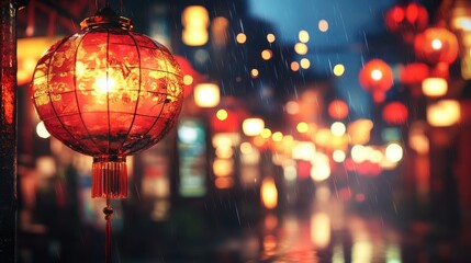 Rainy Night in Asia  Red Lantern Glow