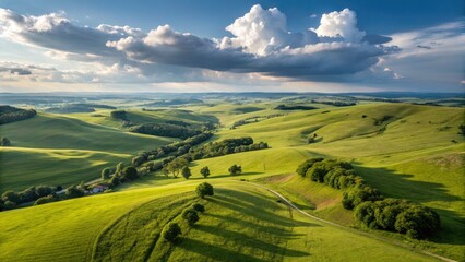 Serene landscape photography: lush green hills bathed in brilliant blue skies.
