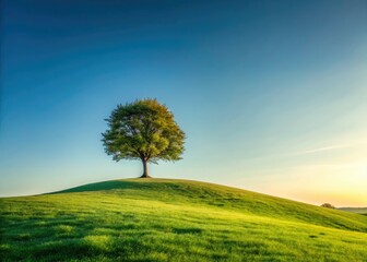 Obraz premium Serene landscape: solitary tree silhouetted against a vast, clear sky above a meadow.