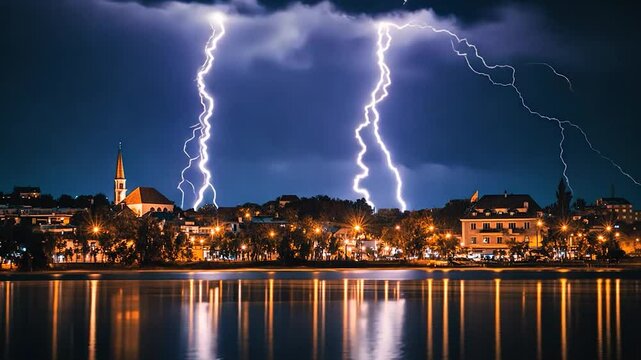 Night storm over city reflected in water