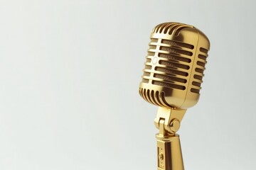 Fototapeta premium Close-up shot of a single gold microphone on white background, equipment, recording