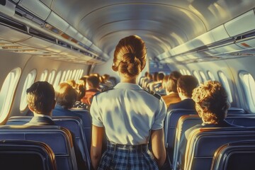 Female flight attendant walking aisle caucasian adult passengers airplane interior travel