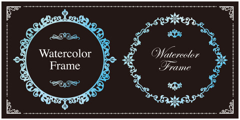 水彩、高級感のあるエレガントフレーム、飾り罫、装飾デザイン、背景、ブルー