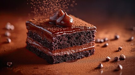 Moist chocolate cake artistry captured with architectural details, seductive shadows, and glaze. --