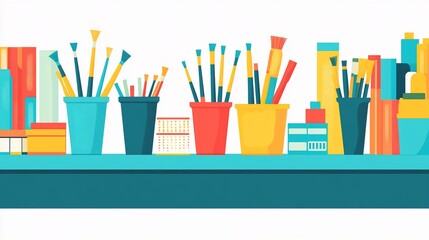 Fototapeta premium Creative station with art supplies and brushes on an artist's workplace