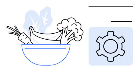 Bowl of fresh produce, including bananas, broccoli, and carrots, next to a gear icon. Ideal for nutrition, balanced diet, meal planning, healthy habits food customization wellness apps simple