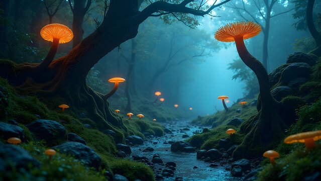 Enchanted Forest Landscape with Glowing Mushrooms and a Misty Stream at Night