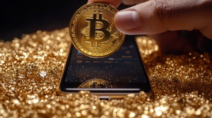 Cryptocurrency gold coin over phone