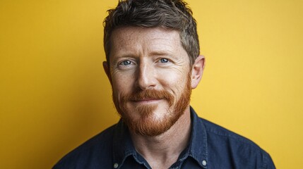 Man with red beard, smiling gently, against yellow backdrop