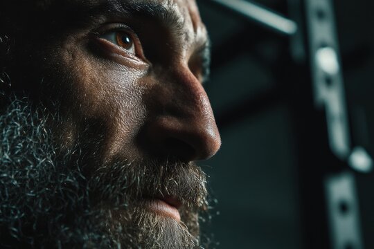 Close up portrait of a determined mature athlete with a graying beard, focused gaze and strong facial features, looking up towards a new challenge.