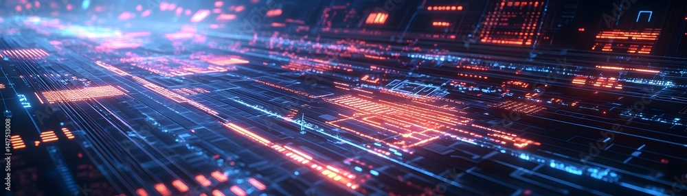 Poster abstract circuit board design with glowing lines.