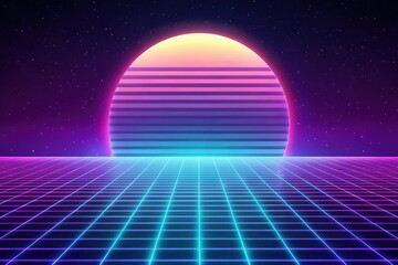 Retro Synthwave Music Background with Neon Grid and Sunset