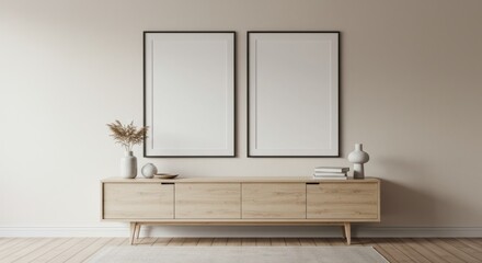 Fototapeta premium Modern Sideboard with Dual Square Frame Mockup