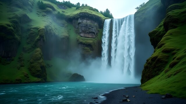 Majestic Icelandic waterfall cascading over lush green cliffs into a turquoise river, creating a misty scene.
