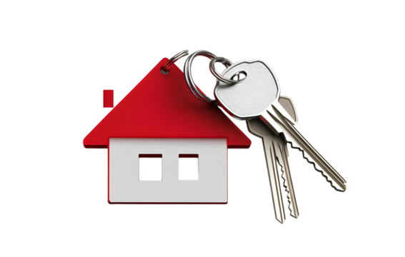 House-shaped keychain with keys, isolated on a transparent PNG background 