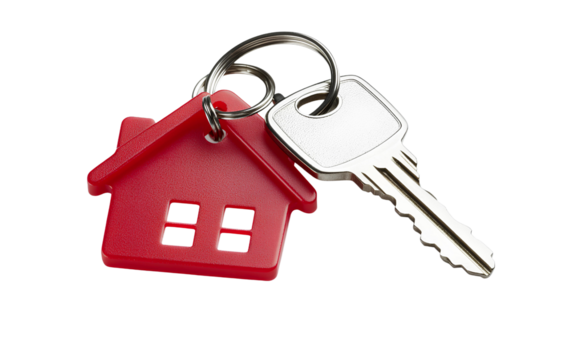 House-shaped keychain with keys, isolated on a transparent PNG background