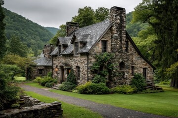 Fototapeta premium Charming Rural Stone Cottage Nestled in Lush Greenery with Wooden Windows and Slate Roof.