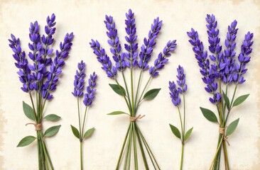 Naklejka premium Dried lavender bouquet, textured with faded purple flowers, beige linen background for shabby chic design 