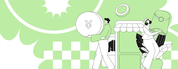 Holiday shopping people doing e-commerce online shopping flat vector concept operation hand drawn illustration
