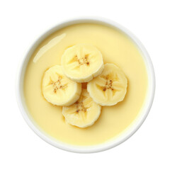 Banana in custard bowl isolated on PNG transparent background, cut out