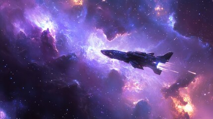 Obraz premium Spacecraft soaring through cosmic ethereal nebulae and star clusters in vibrant hues