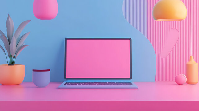 A computer monitor sits on a desk with a pink background and a green plant