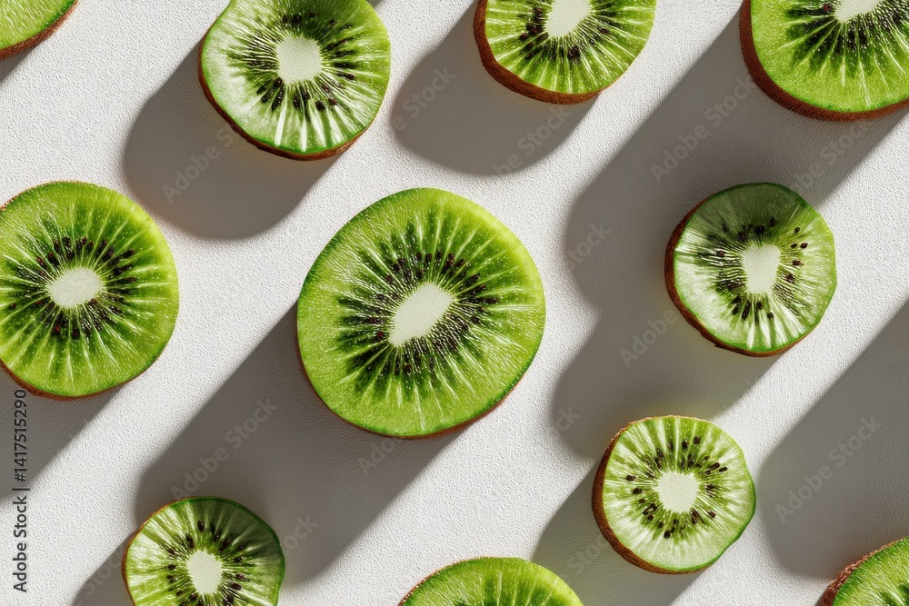 Poster vibrant slices of fresh kiwi fruit artfully arranged against a textured white background, creating a