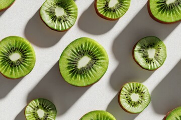 Fototapeta premium Vibrant slices of fresh kiwi fruit artfully arranged against a textured white background, creating a visually appealing and healthy food pattern, ideal for design elements.
