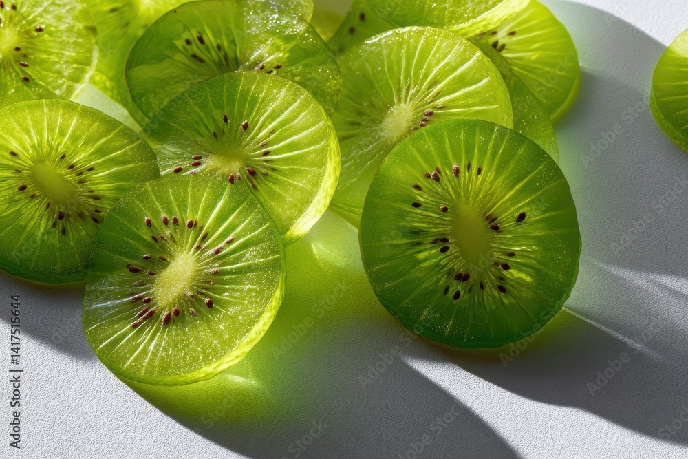 Poster close-up vibrant green kiwi slices backlit, showcasing texture and vibrant color, creating a visuall