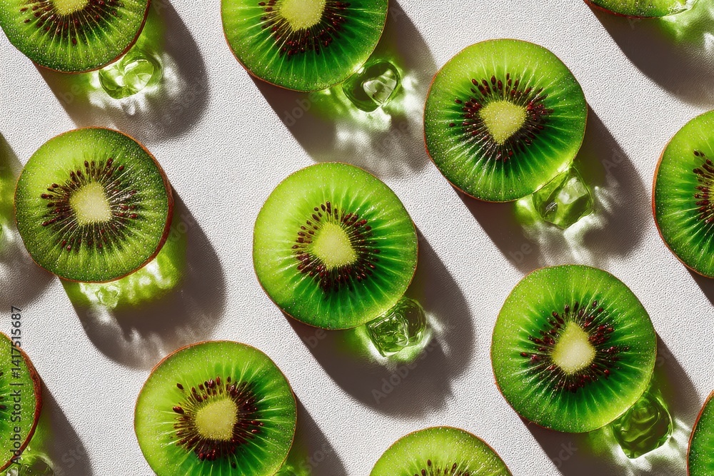 Poster vibrant kiwi fruit slices arranged with ice cubes on a white surface, creating a refreshing and visu