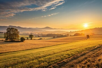 Serene sunrise paints a wide, empty field with golden light; tranquil nature scene.