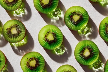 Fototapeta premium Vibrant kiwi fruit slices arranged with ice cubes on a white surface, creating a refreshing and visually appealing pattern, perfect for summer themes.