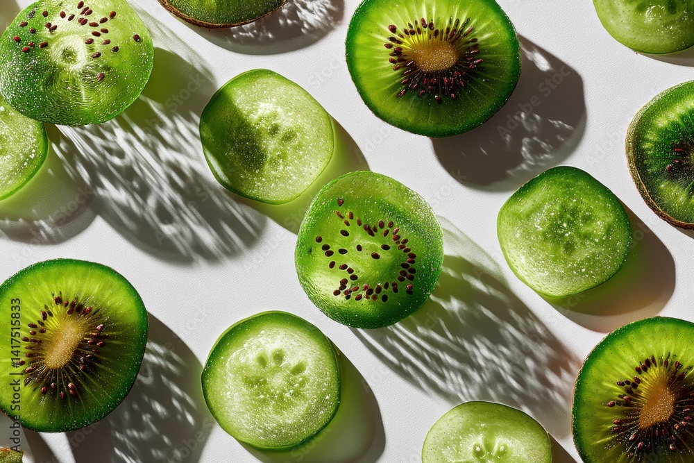 Poster a vibrant still life featuring fresh kiwi and cucumber slices, artistically arranged on a clean whit