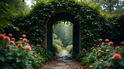 Romantic garden archway with pink roses and lush foliage-covered brick path