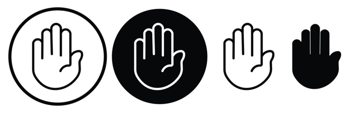 Raised hand icon symbolizing stop or interaction. Stop hand icon. Set of hand hello icons

