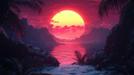 Vibrant sunset over a serene beach with palm trees and rocky coastline