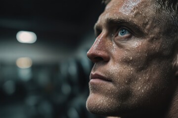 Close-up portrait of a sweaty man gazing upwards with intense blue eyes, captured in a gym setting, highlighting dedication and the aftermath of physical exertion.