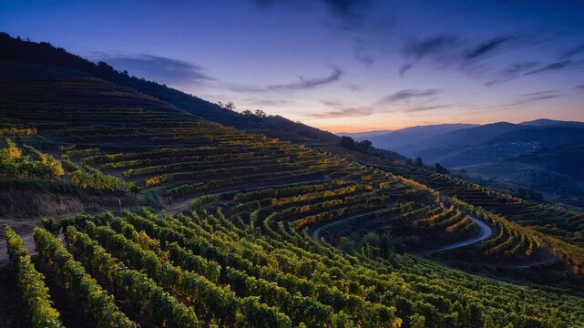 Stunning vineyard landscape at sunset with winding rows.