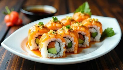 Variety of sushi rolls on white plate, soy sauce, wasabi, sashimi, isolated, soy sauce