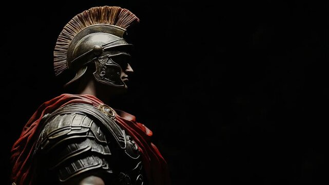A dramatic silhouette of a Roman soldier in ornate armor.