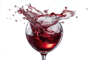 Splash of red wine captured in crystal glass against white background showcasing sharp details in ultra high-speed photography