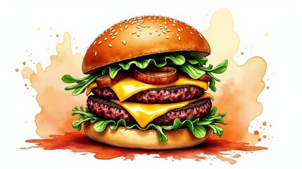 Artistic Watercolor Rendering of a Mouthwatering Double Gourmet Burger with Beef, Yellow Cheese, Red Tomato, and Green Arugula Leaves