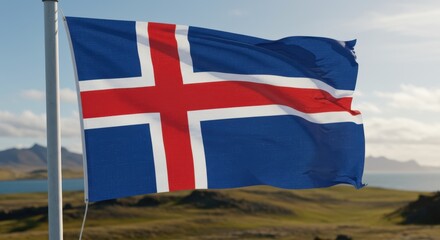 Icelandic Flag Waving Proudly Against a Serene Volcanic Landscape, a Symbol of Nordic Heritage and Natural Beauty