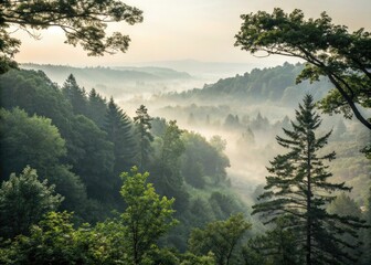 Fototapeta premium Serene woodland scene: soft light filters through misty trees, revealing a tranquil path.