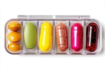 Essential vitamins and supplements in a modern pill organizer on white background for daily health routines