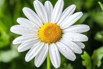 Fototapeta premium Close-up of a white daisy flower with dew drops in a green garden setting